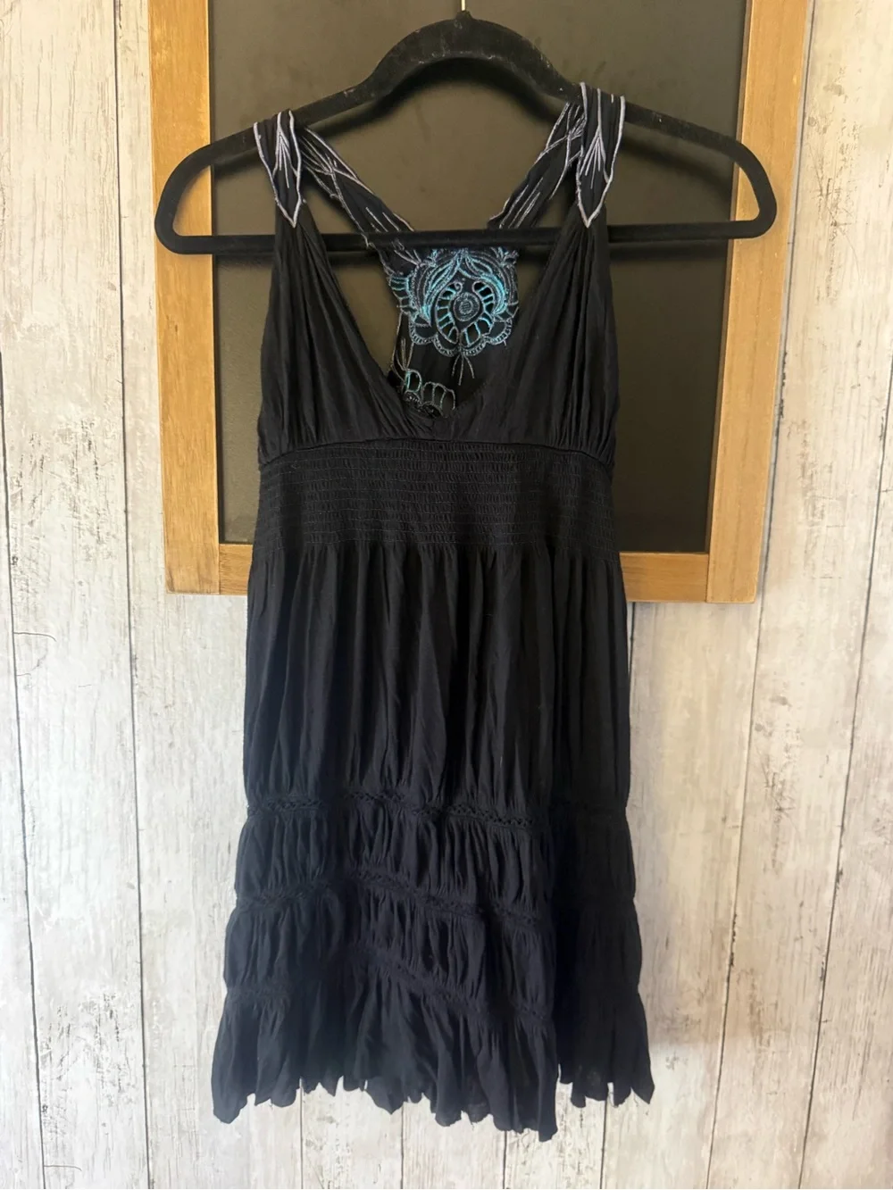 Free People boho black blue crochet mini dress Lined boho gypsy flowy lace XS